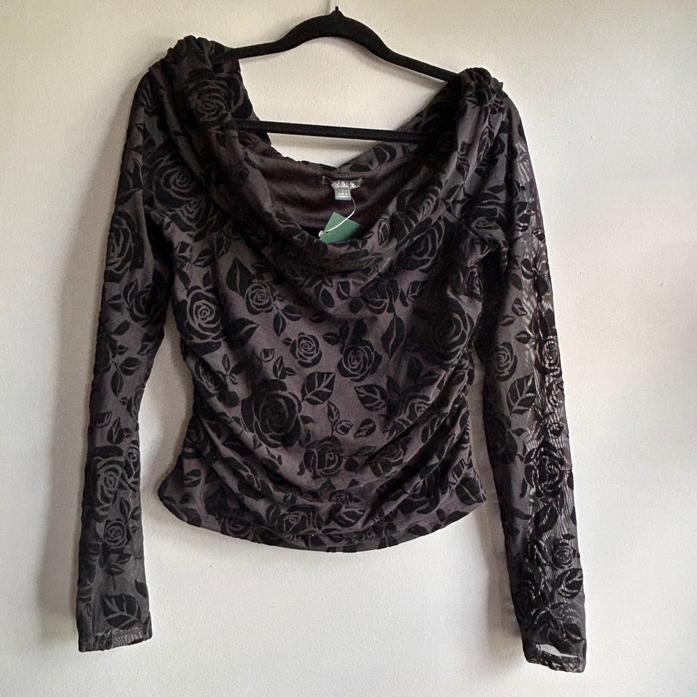 Wild Fable Black Velvet Rose Burnout Mesh Top Long Sleeve Cowl Neck Large NWT